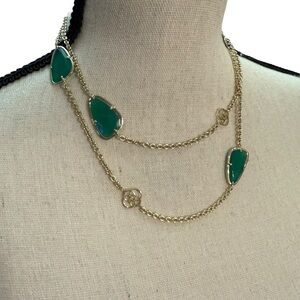 Kendra Scott Kinley Green Stone Gold Tone Logo chalcedony Chain Necklace 36"
